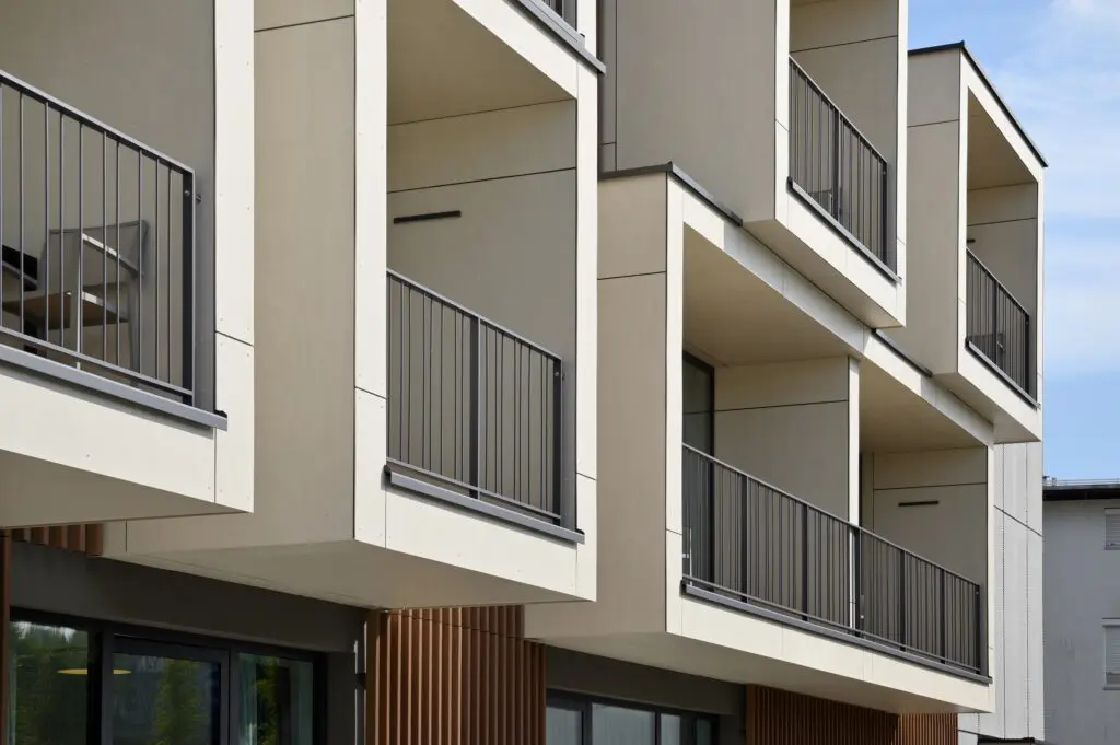 A close up of StoVentec Fiber cement in use.