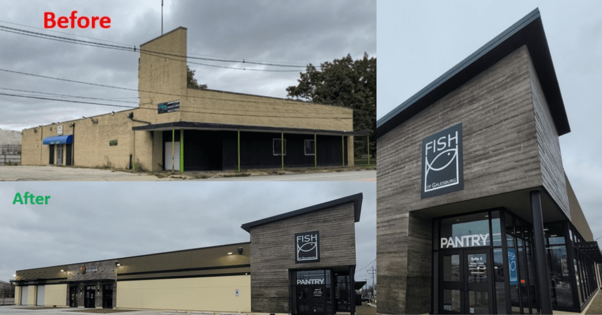 Riverbend Food Pantry building. Before and After images.