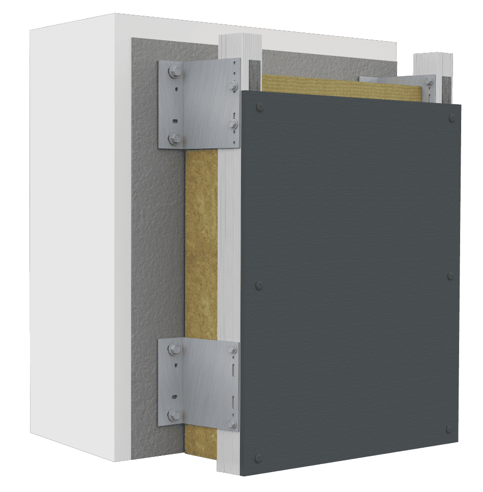 Detailed view of StoVentec&reg; Fiber Cement installation with sub-framing, continuous insulation, and ventilated rainscreen design for high-performance facades.