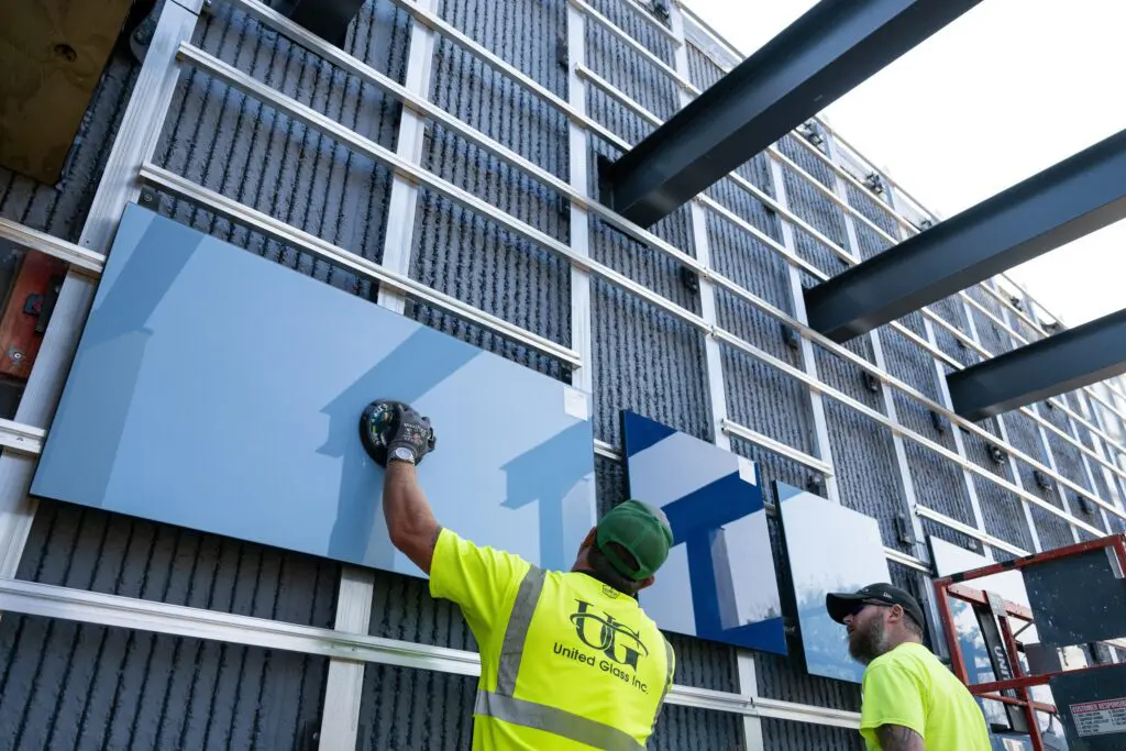 Installation of StoVentec Glass panels during the Cafesjian Art Trust recladding project.