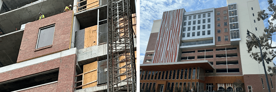Before and after view of a University of Tampa building showcasing facade transformation through integrated wall systems and architectural detailing