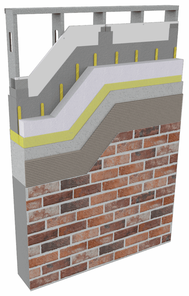 Wall assembly diagram showing Sto Panel Classic ci system with StoCast Brick finish and continuous insulation layers.