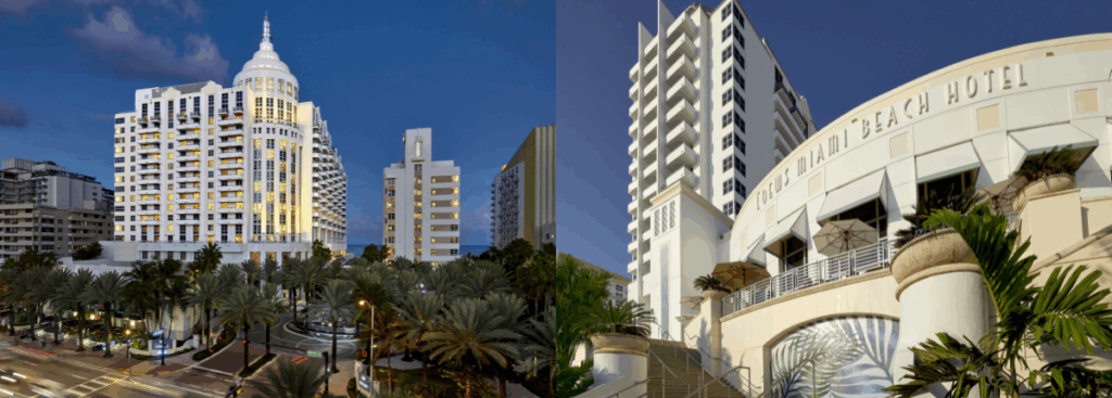 Loews Miami Beach Hotel exterior at dusk with illuminated facade, palm trees, and surrounding coastal architecture