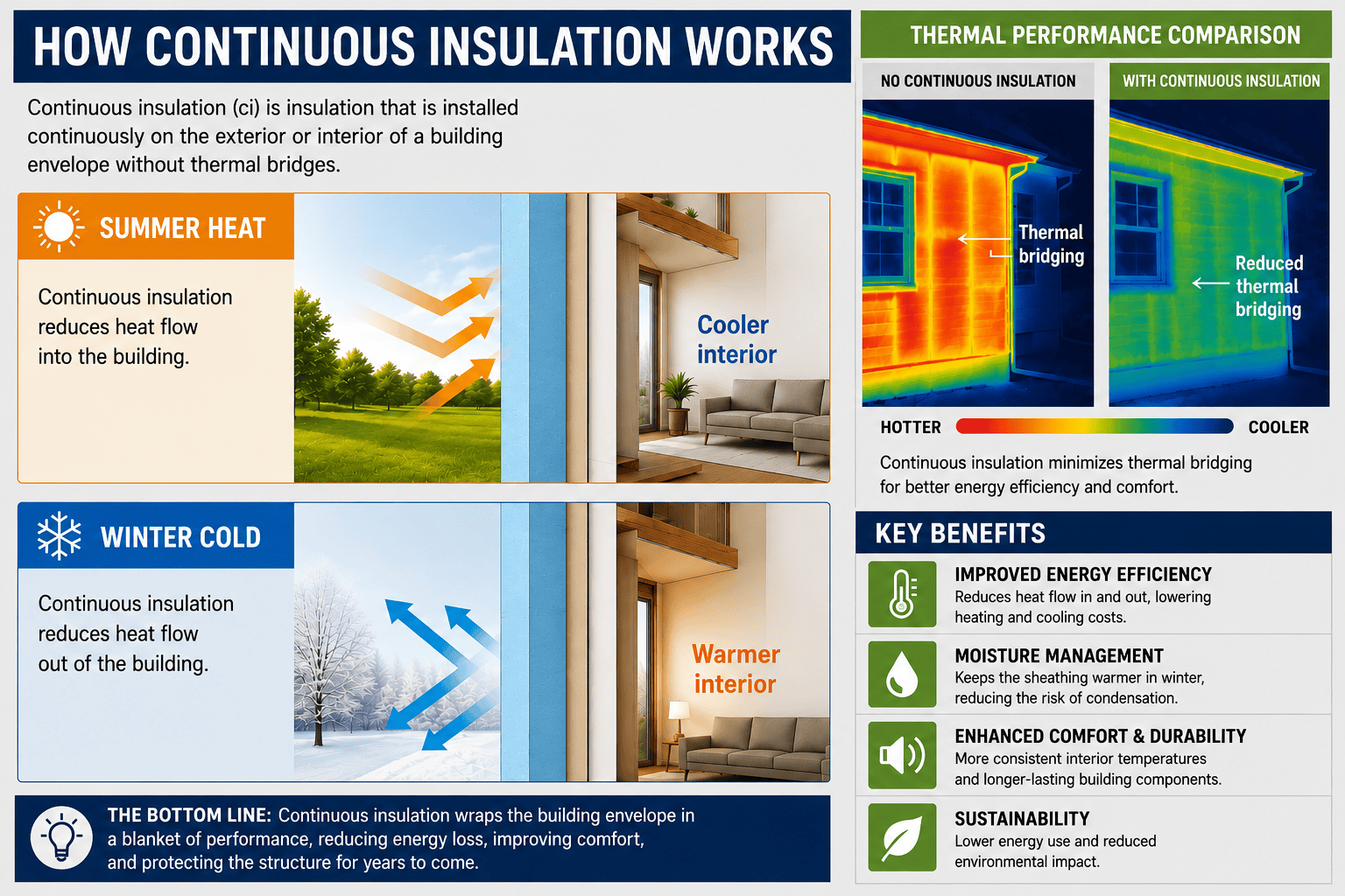 Diagram explaining how continuous insulation reduces heat flow, limits thermal bridging, and improves building energy efficiency in summer and winter.