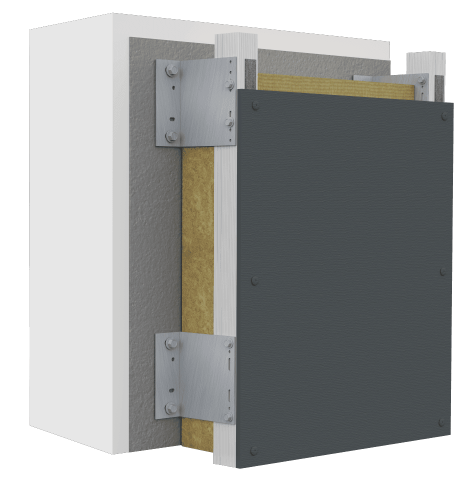 Detailed view of StoVentec® Fiber Cement installation with sub-framing, continuous insulation, and ventilated rainscreen design for high-performance facades.