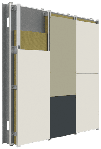 StoVentec® Fiber Cement system cutaway showing insulation, air- and water-resistive barrier, sub-construction, and cladding panels for complete envelope performance.