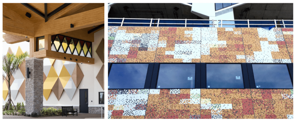 Two examples of architectural facades made possible with Sto AWRB systems: a colorful mosaic cladding at City Hyde Park and a geometric diamond-pattern wall at Seminole Brighton Casino.