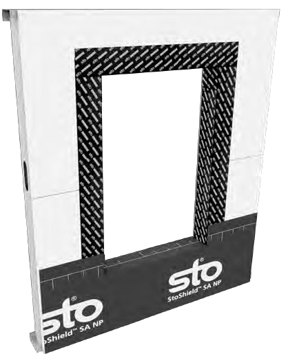 Illustration of StoShield SA NP self-adhered air and water-resistive barrier applied around a window rough opening.