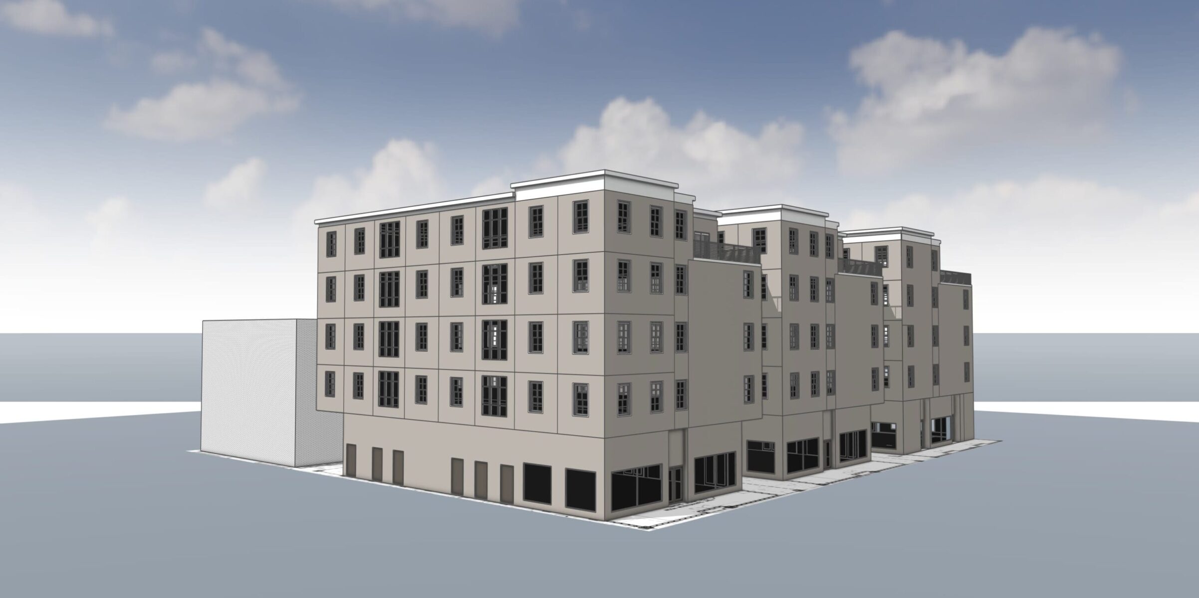 Digital architectural rendering of a multi-building complex showing façade massing and preliminary design layout.