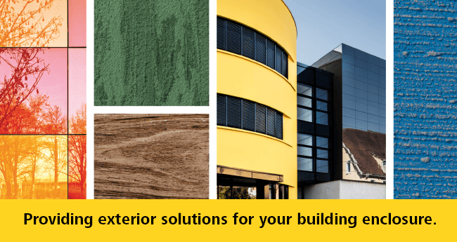 Collage of colorful façade materials and modern buildings representing exterior enclosure solutions.