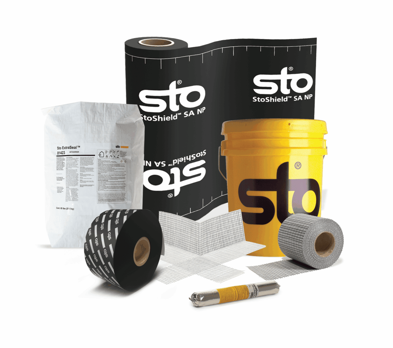 Collection of StoGuard air and water-resistive barrier products, including membranes, mesh, sealants and a yellow Sto bucket.