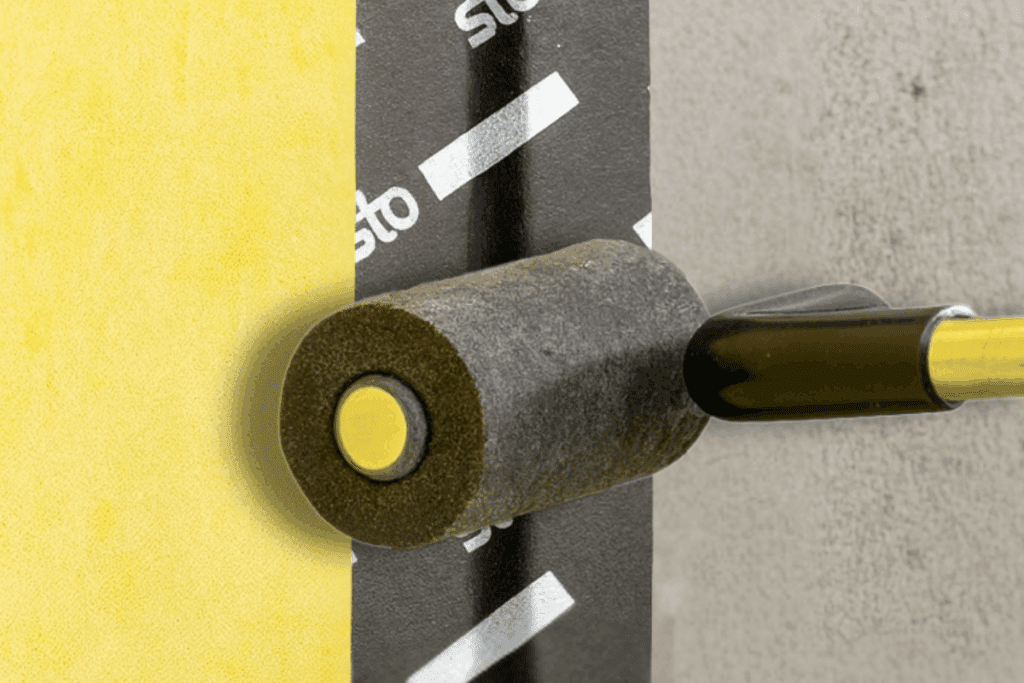 Worker applying a self-adhered air and water-resistive membrane to a wall using a roller tool.