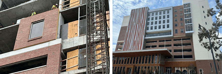 Before and after view of a University of Tampa building showcasing fa&ccedil;ade transformation through integrated wall systems and architectural detailing