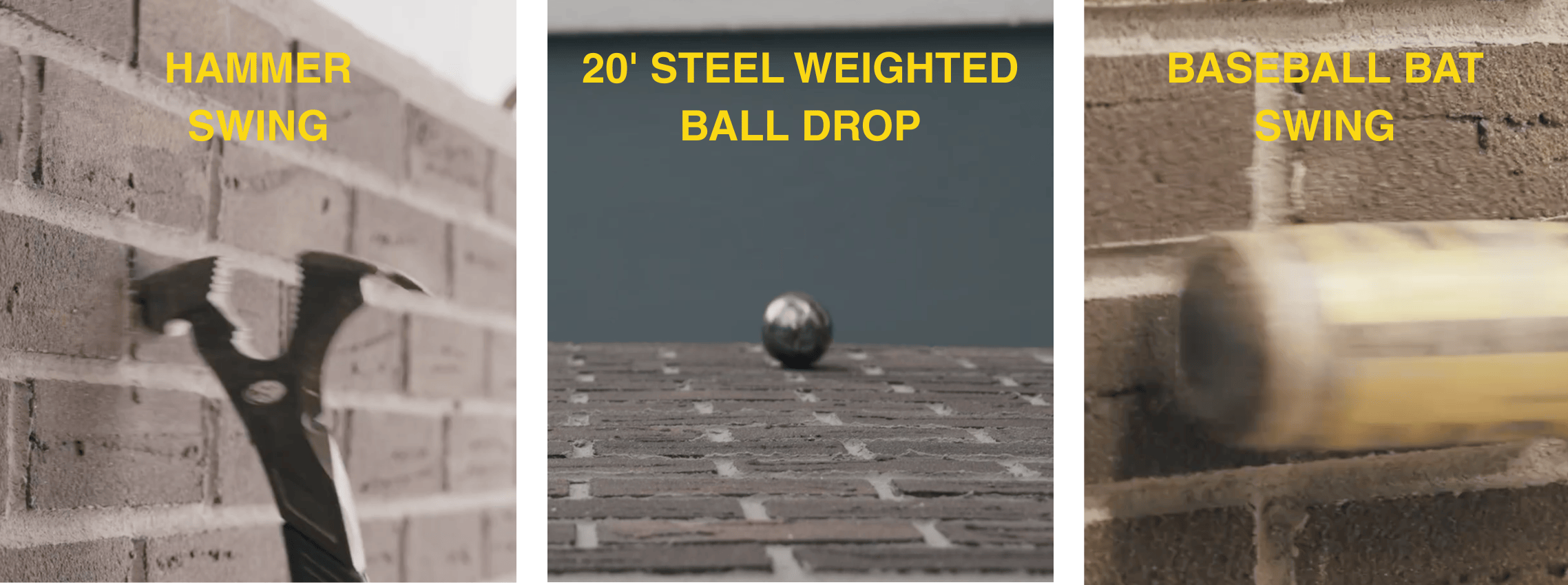 StoCast Brick Durable Design in shown through trials. Hammer swing, baseball bat swing and 20' steel weighted ball drop.