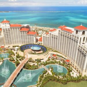 Aerial View Of The Baha Mar Resort Complex In The Bahamas Featuring Large Coastal Hotel Buildings And Integrated High-performance Building Envelope Systems.