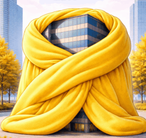 Stylized illustration of a commercial building wrapped in a large yellow blanket to represent thermal protection and continuous insulation.