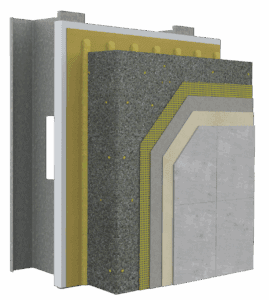 Cutaway rendering of a StoTherm ci GPS wall assembly showing layered components including framing, air and water-resistive barrier, insulation, mesh and finish.
