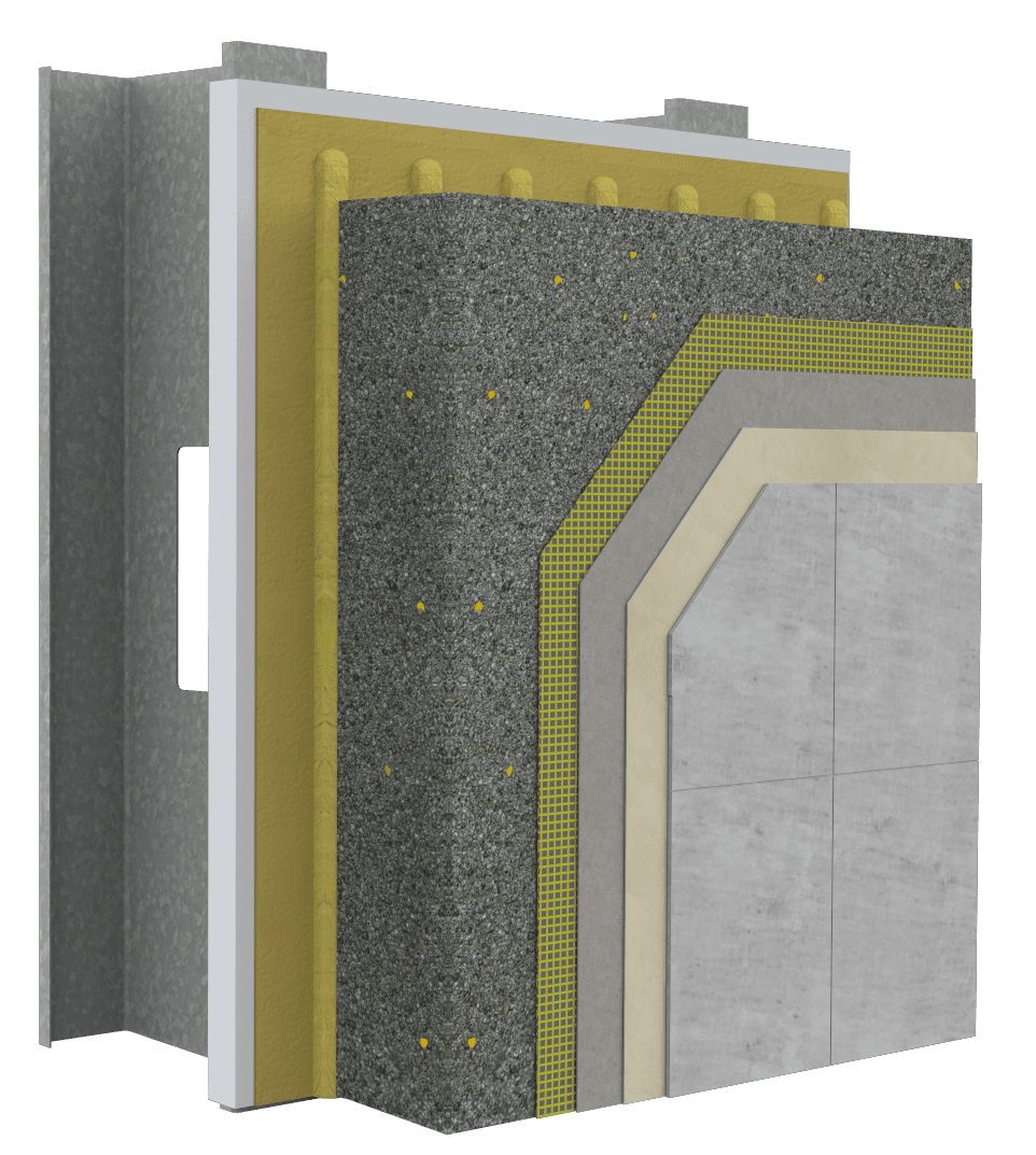 Cutaway rendering of a StoTherm ci GPS wall assembly showing layered components including framing, air and water-resistive barrier, insulation, mesh and finish.