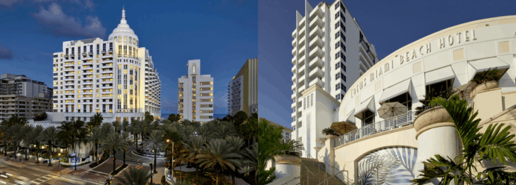 Loews Miami Beach Hotel exterior at dusk with illuminated facade, palm trees, and surrounding coastal architecture