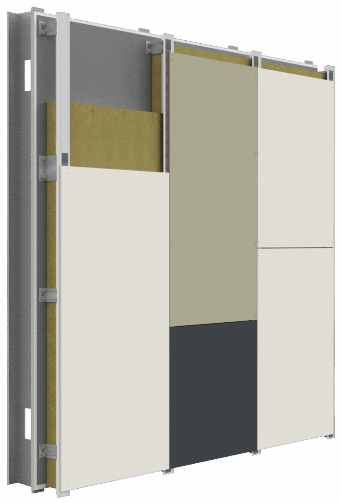 StoVentec rainscreen wall assembly showing panels, insulation, sub-construction and structural wall layers.