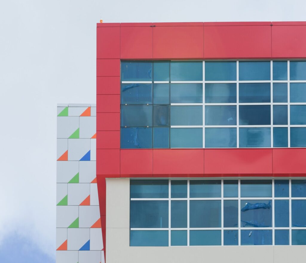 Joe DiMaggio Children's Hospital exterior with colorful Sto impact-resistant cladding panels