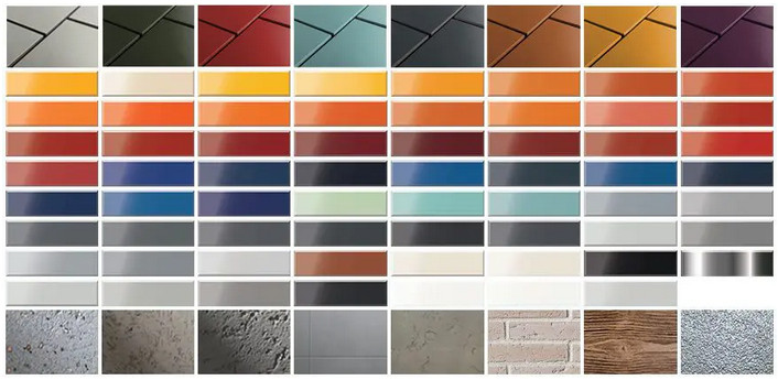 Grid of StoVentec panel finish and color options for rainscreen facades