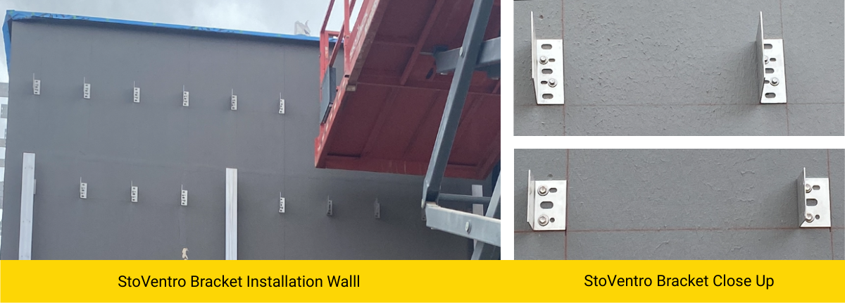 StoVentro bracket installation on exterior wall with close-up detail