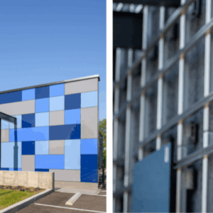 Completed StoVentec Glass Rainscreen Building Exterior With Bracket And Rail Detail
